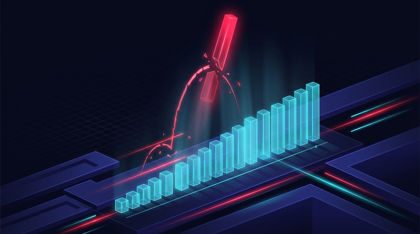 Abstract dark visualisation of a 20 percent scale step - a glowing cyan bar climbing in measured stair-steps on a deep navy field, a single red bar attempting a steep vertical jump and snapping mid-air, the broken arc still falling.