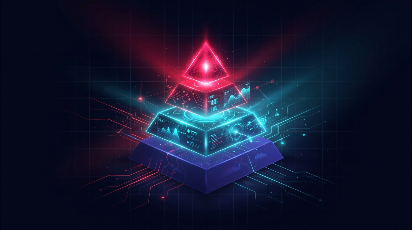 Abstract dark visualisation of a four-layer creative lever stack - a glowing red top layer for hooks, cyan middle layers for angles and formats, and a dim indigo base layer for audiences, stacked like a pyramid on a deep navy background.