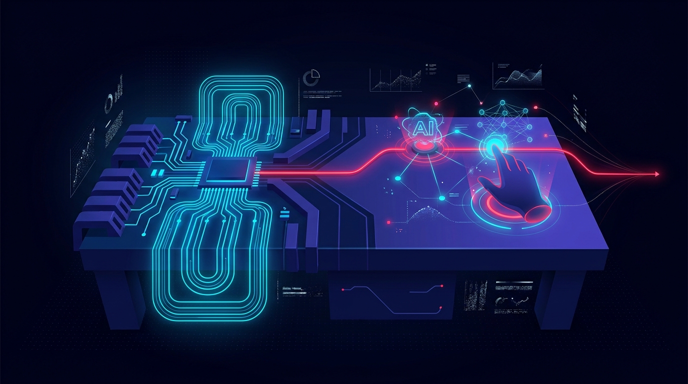 A dark navy workbench divided into two zones - left side a cold-blue circuit board with rigid automated rule-logic pathways looping back on themselves, right side a warm indigo space where a human hand and a glowing AI node work side by side, a single folly-red performance signal line bridging both zones toward a vanishing point, no text or labels