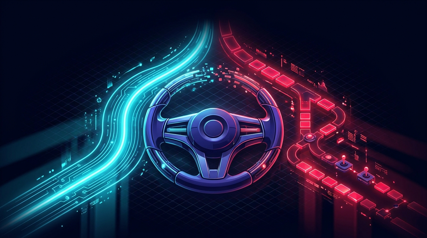 Abstract dark visualisation of a steering wheel splitting into two glowing paths on a deep navy background - one cyan automated track curving smoothly to the right, one red manual track with discrete control nodes to the left, light flowing forward through both.