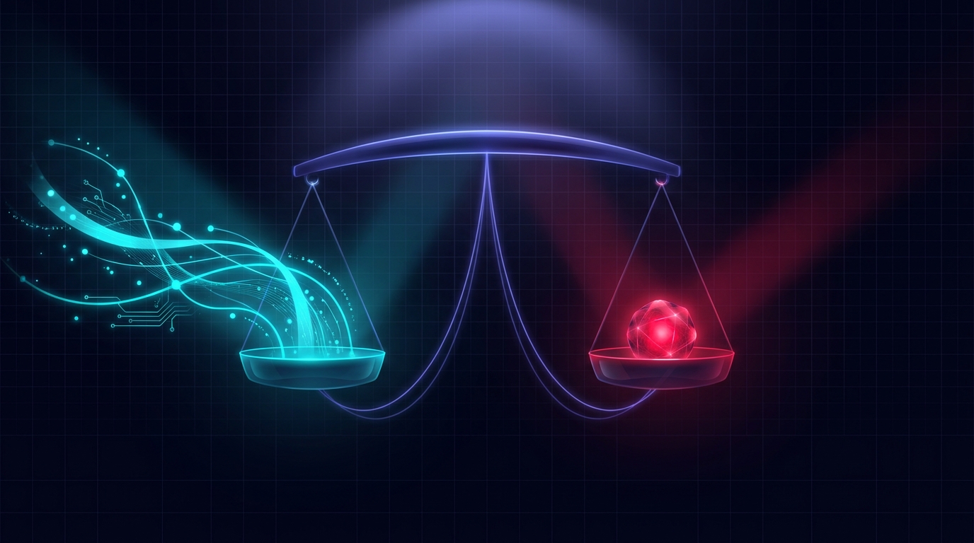 Abstract dark visualisation of a balance scale on a deep navy background - a glowing cyan side holding automated data flows, a red side holding a single human-judgment node, with indigo light tilting the beam into equilibrium between them.