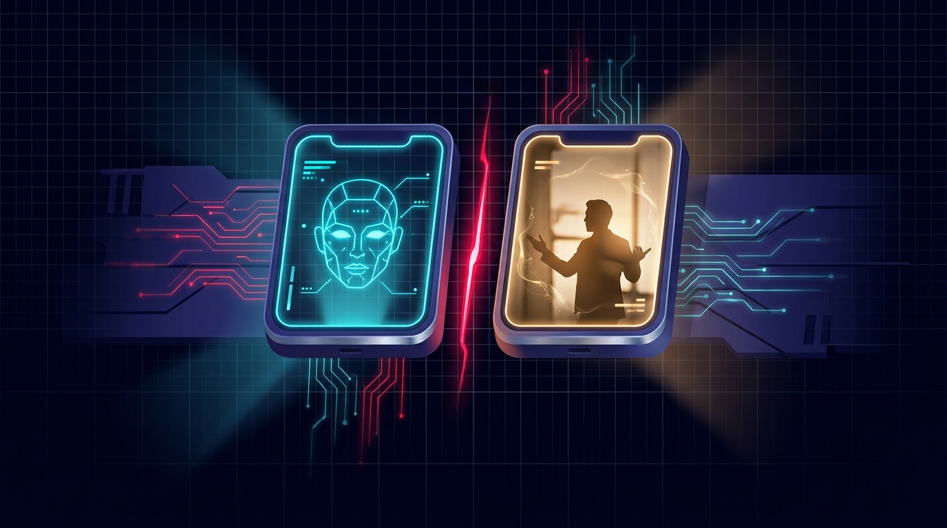 Two phone-screen shaped frames floating on deep navy blue - the left one glows with a precisely lit AI avatar face in cold cyan light, the right shows a warmly lit human creator mid-gesture in natural imperfect light, a narrow folly-red divide running between them where the screens almost meet, no text or words