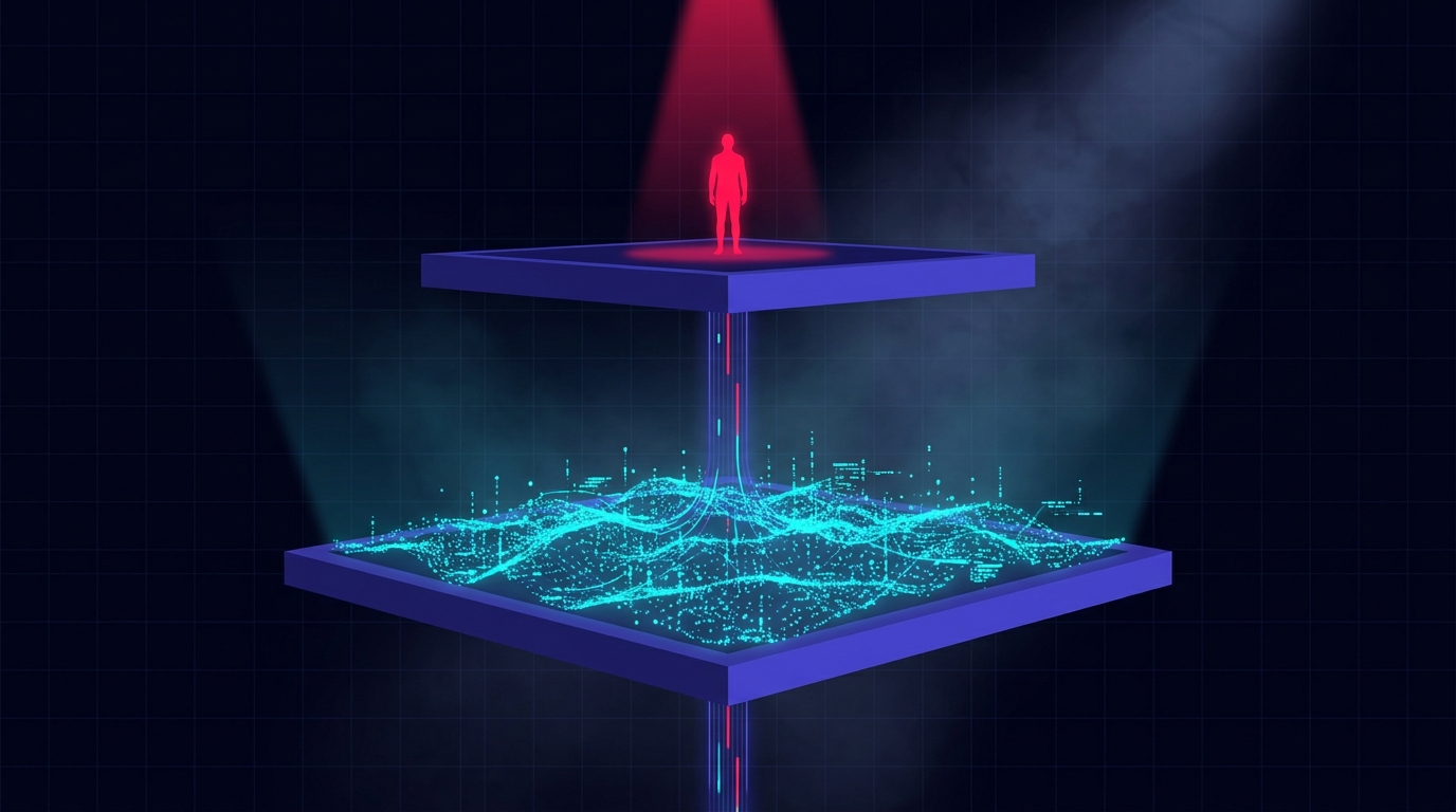 Abstract dark visualisation of two stacked layers on a deep navy background - the upper layer a single glowing red human silhouette under one spotlight, the lower layer a vast cyan neural lattice churning with thousands of small light pulses, joined by a single vertical thread of indigo light.