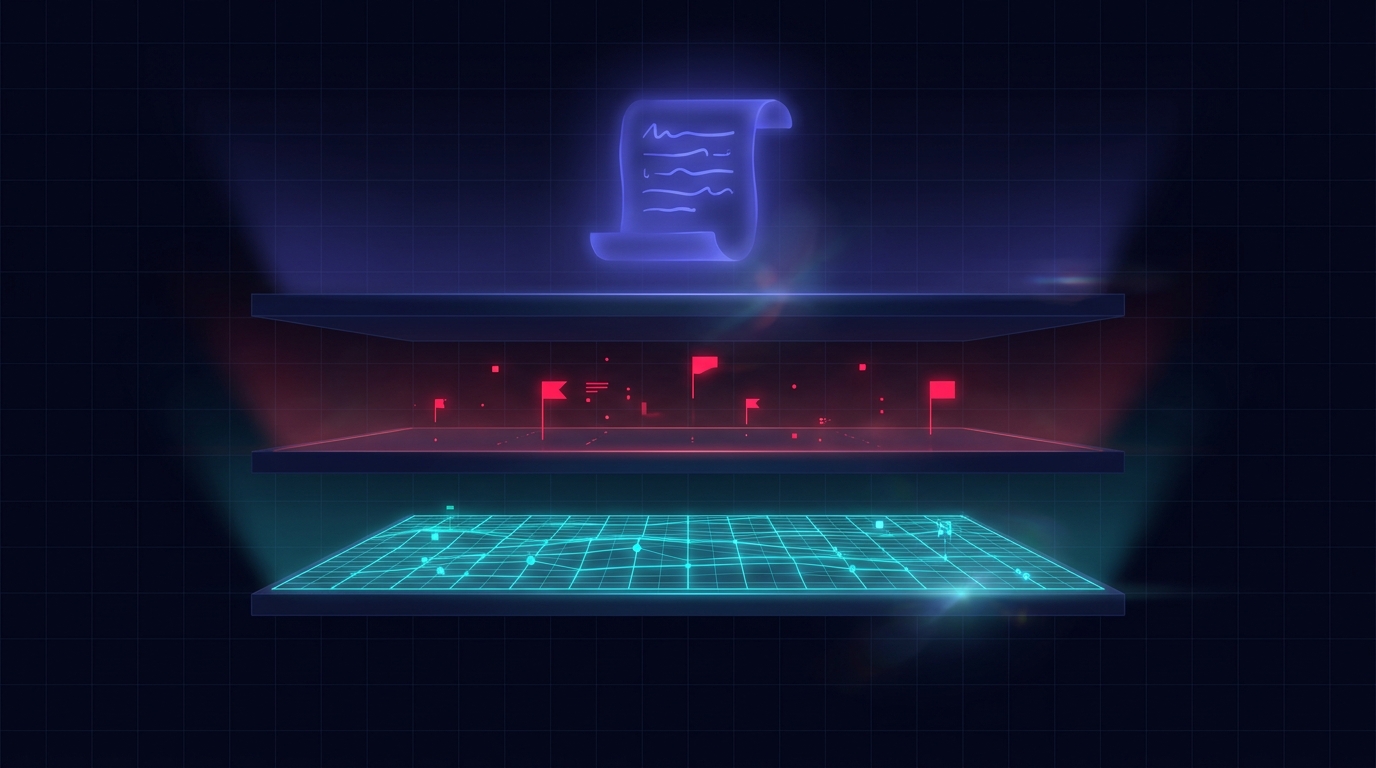 Abstract dark visualisation on deep navy of three horizontal floor-plates of light stacked one above the other - the bottom plate a calm grid of cyan tickmarks suggesting raw machine data, the middle plate a sparse field of folly-red flags hovering over the grid like signals waiting for a verdict, and the top plate a single soft indigo glow shaped like a hand-written paragraph, the three layers separated by hairline gaps to imply different jobs at different heights of the same workflow.