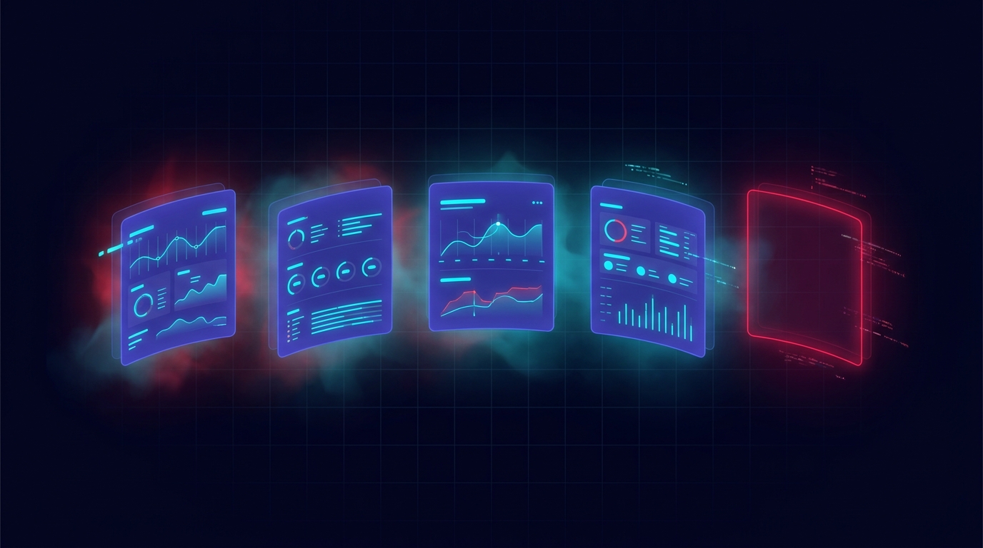 Five glowing tool interface cards arranged in a curved row on a deep navy surface, each showing a different style of automation dashboard with cyan metric lines and indigo data flows, one folly-red gap zone floating to the right of the row with nothing inside it, clean angular composition with strong negative space, no text or words visible
