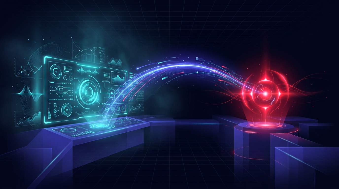 Abstract dark visualisation of a divided control room on a deep navy background - a cyan automated panel of glowing dials on the left running itself, a red human-judgment node on the right, with a bright indigo bridge of light connecting the two.