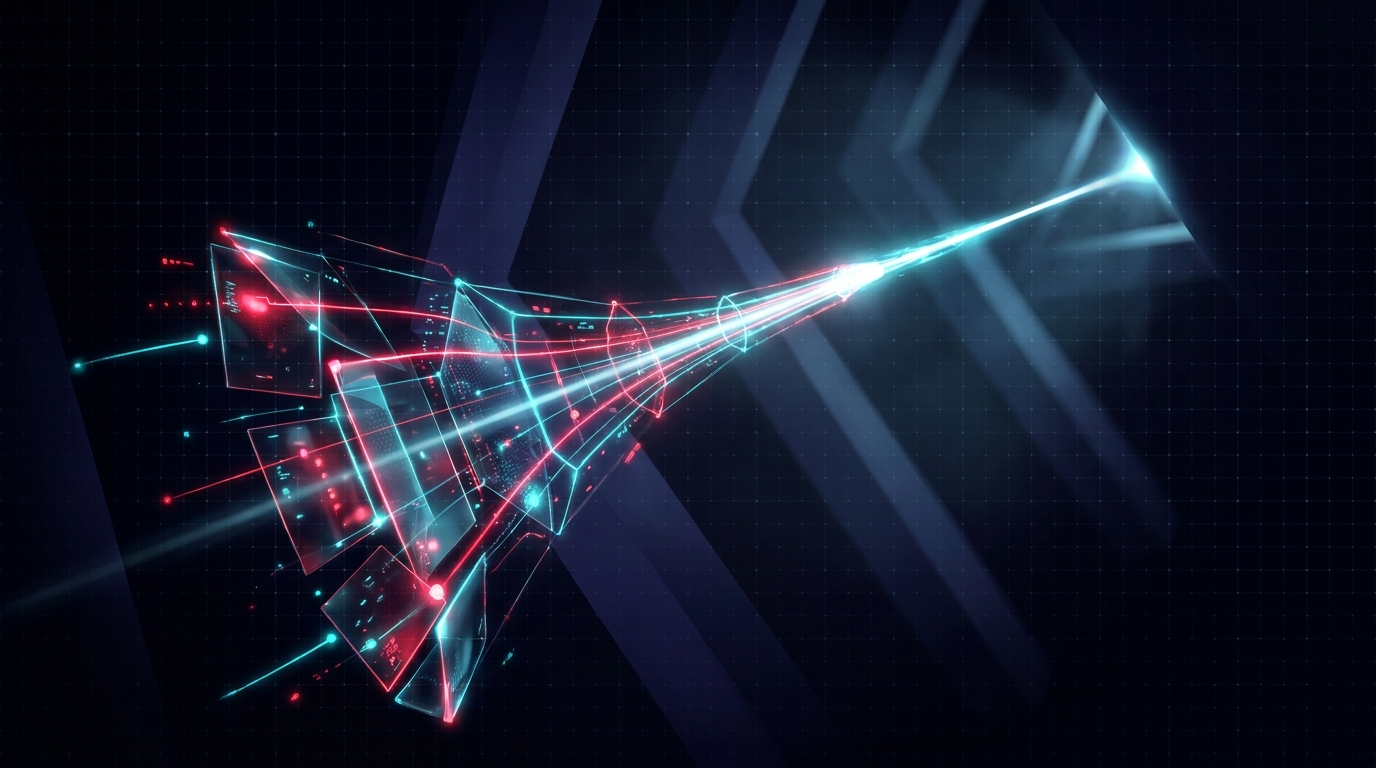 Abstract dark visualisation of a creative-testing pipeline - glowing red and cyan panels funnelling left to right into a single bright winning signal.