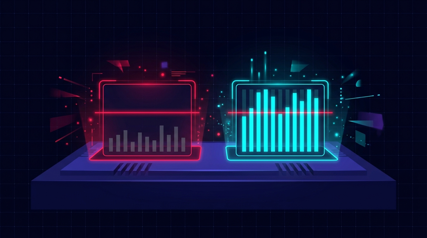 Dark navy surface with two glowing signal meter panels side by side - left panel shows low dull grey bars sitting below a folly-red threshold line, right panel shows tall bright cyan bars rising above the same threshold line, the sharp boundary between starved signal and fed signal is the visual centre, no text or words
