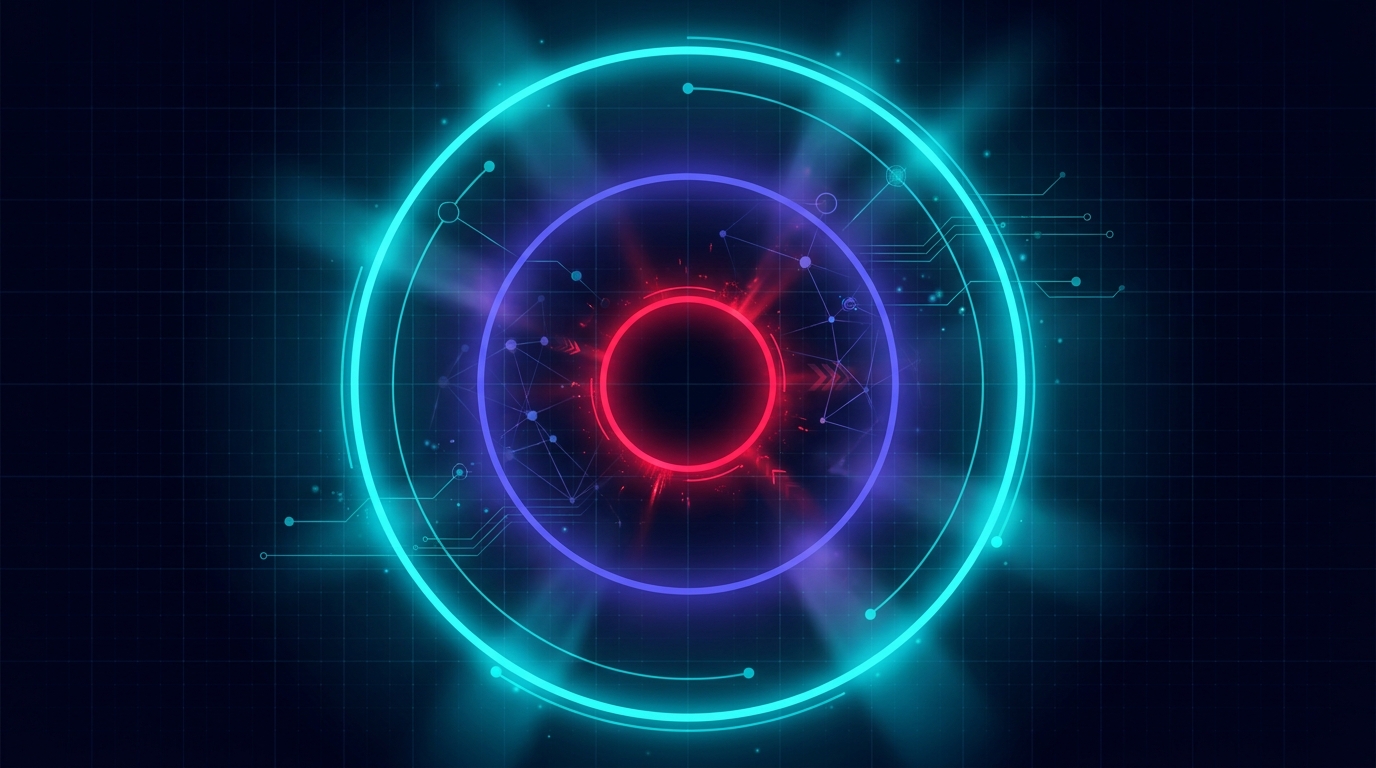 Three concentric glowing rings on a dark navy background representing Meta budget layers - the outermost ring in bright cyan dominates at seventy percent, the middle ring in indigo at twenty percent, the inner ring in folly-red at ten percent, clean geometric proportions with no text or labels