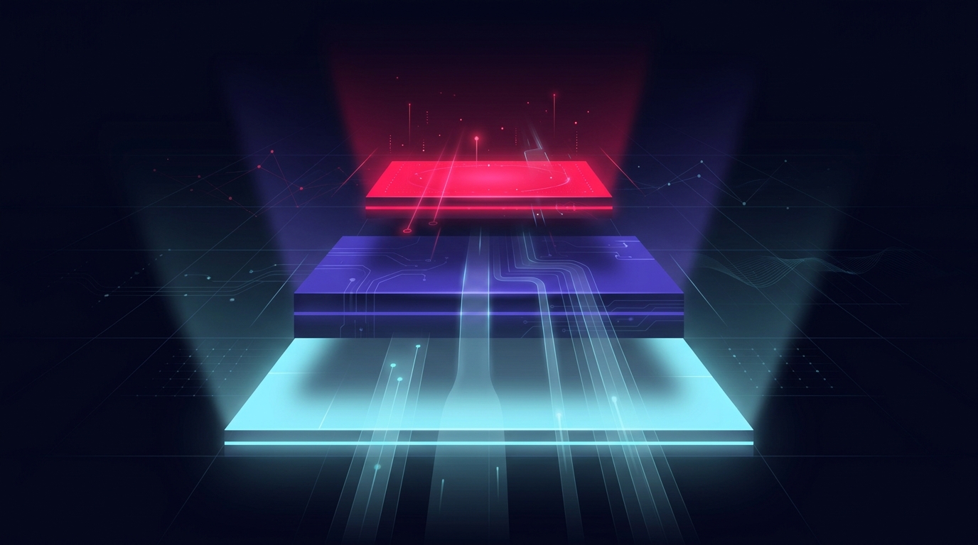 Three glowing horizontal platform tiers stacked vertically on a deep navy background - the topmost tier small and intense in folly red representing the highest-intent buyers, the middle tier wider in indigo, the broadest bottom tier in soft cyan representing general site visitors, with directional signal lines flowing upward through the layers, no text or words