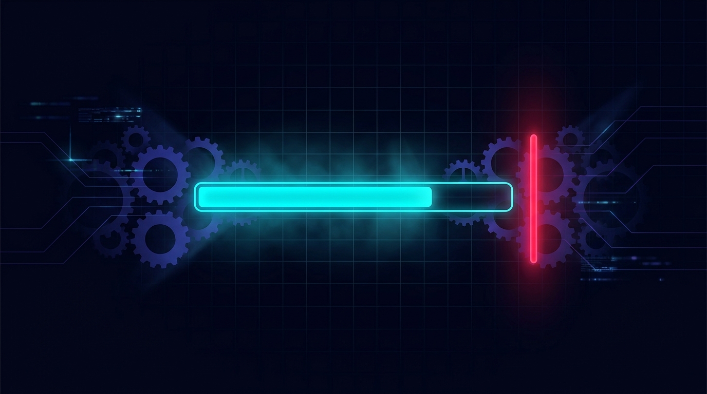 Abstract dark visualisation of a Facebook ad set fighting to exit the learning phase - a glowing cyan progress bar suspended mid-fill on a deep navy field, faint stuck cogs frozen on either side, a single red threshold marker pulsing at the 50-event line the bar can't quite reach.
