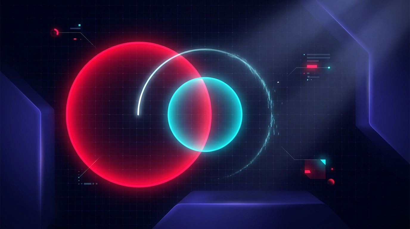 A dark navy background showing two overlapping abstract circle shapes - one large in folly red representing the source seed audience and one smaller in cyan representing the lookalike match pool - connected by a faint signal arc that visibly degrades from sharp to noisy across its length, no text or labels anywhere