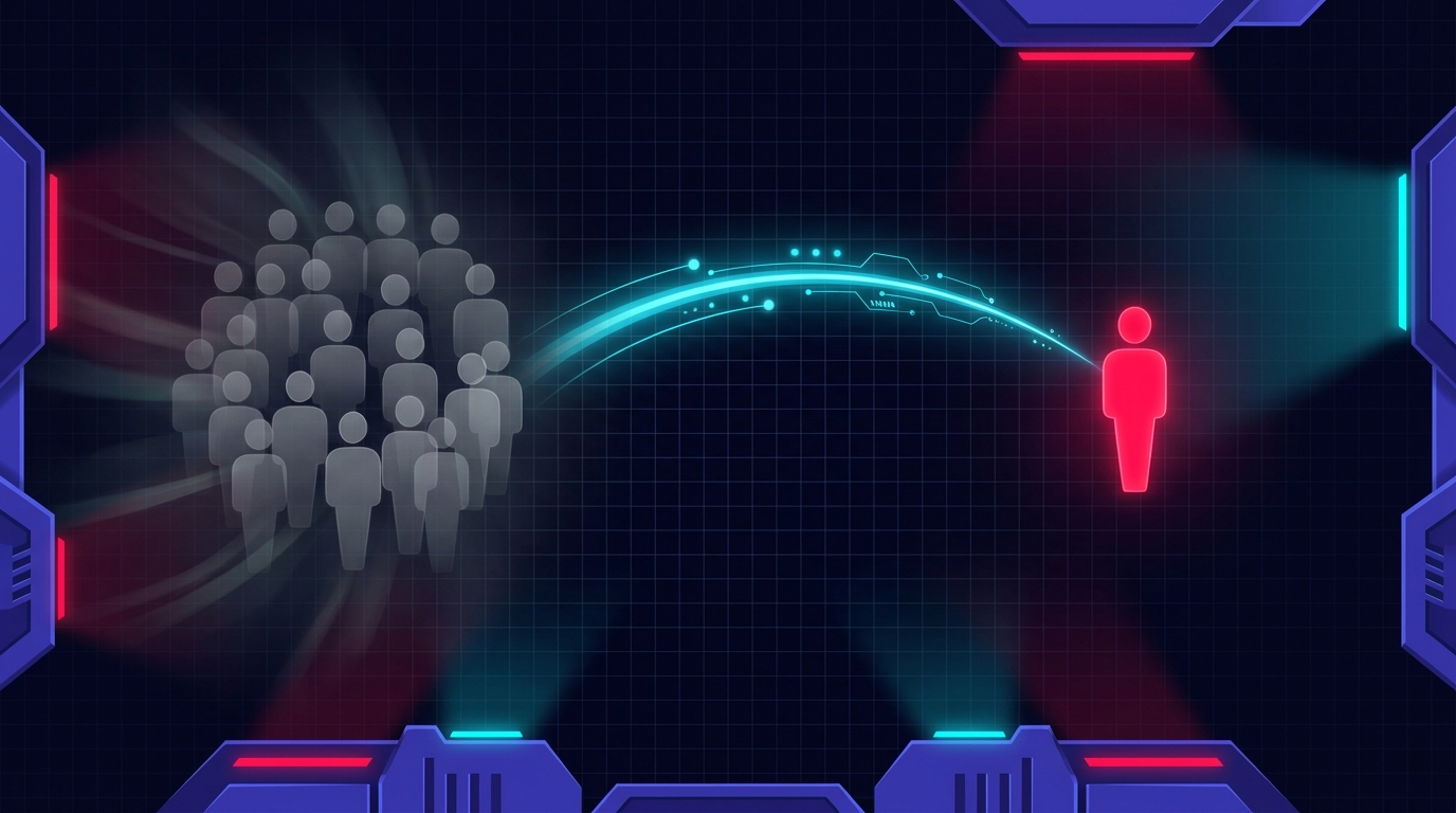 Dark navy background with two distinct groups of abstract buyer shapes - on the left a cluster of overlapping grey silhouettes representing returning customers fading into the background, on the right a single sharp folly-red shape set apart representing a new buyer, a glowing cyan differential bidding line arcing between the two groups with a visible premium gap, no text or words