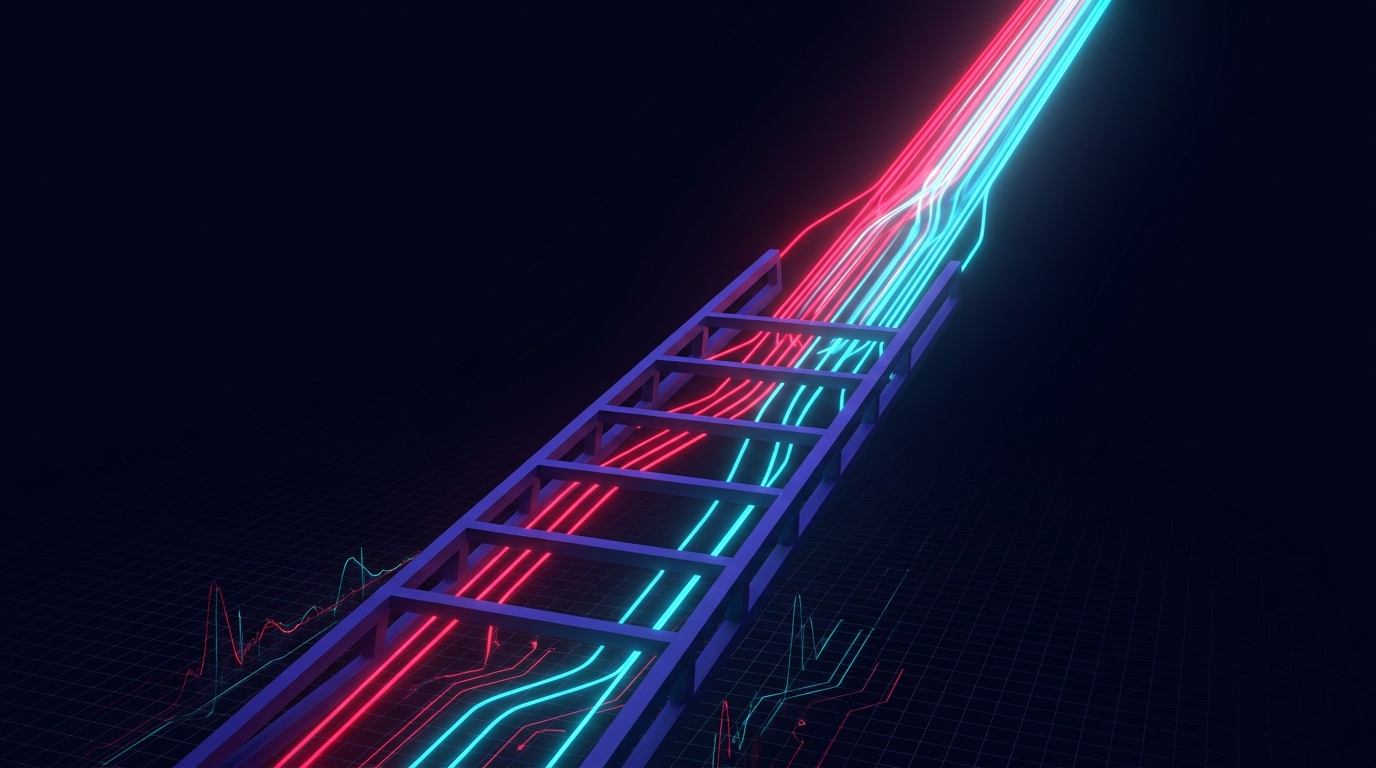 Abstract dark visualisation of a creative-testing ladder - glowing red and cyan rungs ascending left to right on a deep navy background, with thin test signals at the bottom widening into one bright scaling beam at the top.
