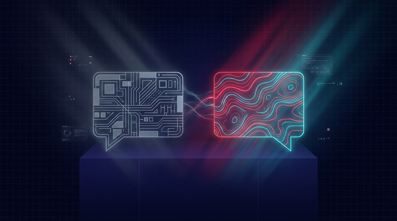 Two contrasting speech bubble panels floating on a deep navy surface - the left panel contains tight rigid angular geometric marks in cold grey suggesting formal corporate text, the right panel flows with warm loose organic marks in folly red and cyan suggesting natural conversational speech, strong diagonal composition with generous negative space between the two panels, no text or words visible anywhere