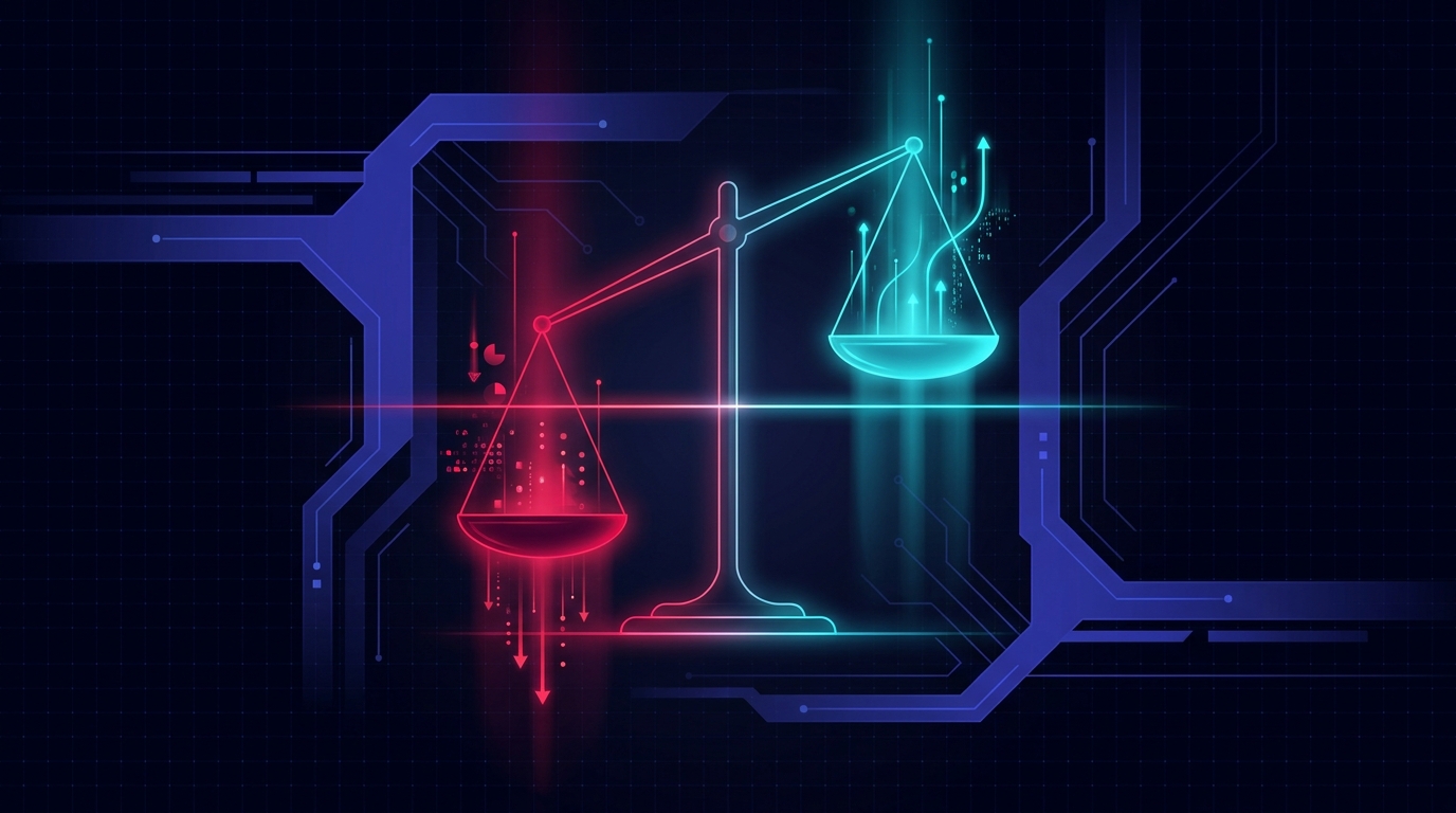 A dark navy background with two glowing abstract weights on a precision balance scale - the left side in folly red representing acquisition cost sits low while the right side in cyan representing lifetime value rises three times higher, a clean threshold line marking the 3:1 point, no text or labels anywhere