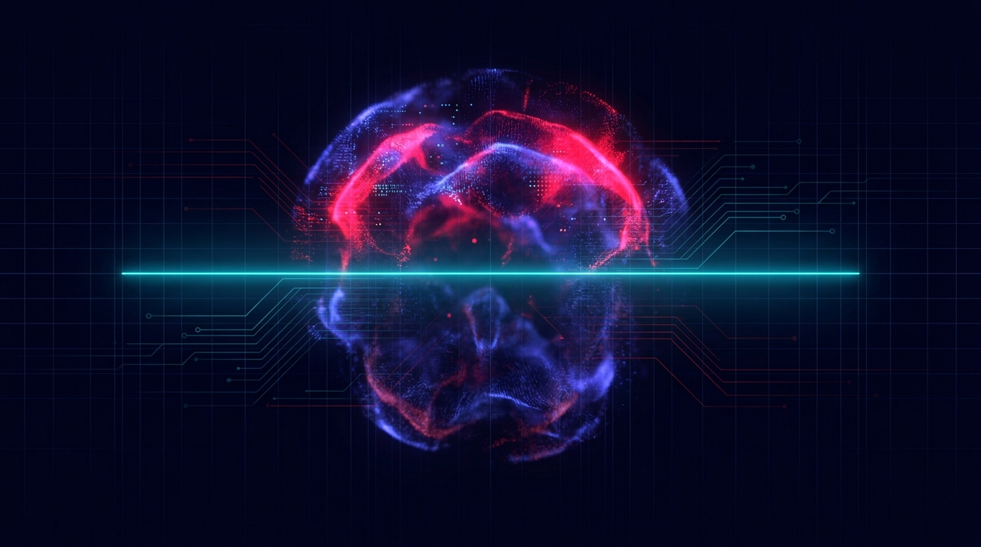 Abstract dark visualisation of a marketing efficiency ratio - a single bright cyan ratio line bisecting a deep navy field, total revenue mass above and total spend mass below, clean and undivided by channel.