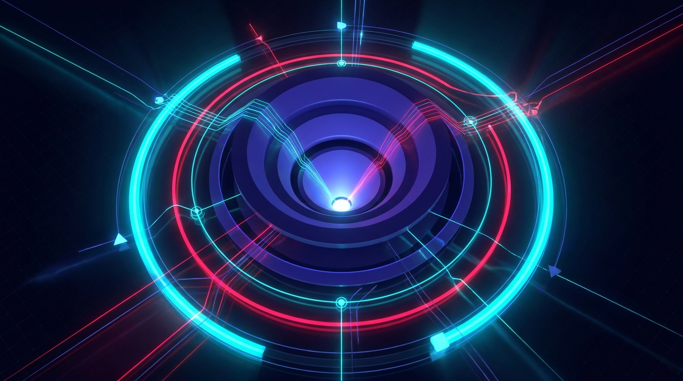 Abstract dark top-down view of a Meta advertising funnel - glowing cyan tiers narrowing toward a single folly-red conversion point at the base, thin indigo signal lines connecting data nodes across each tier against a deep navy background.