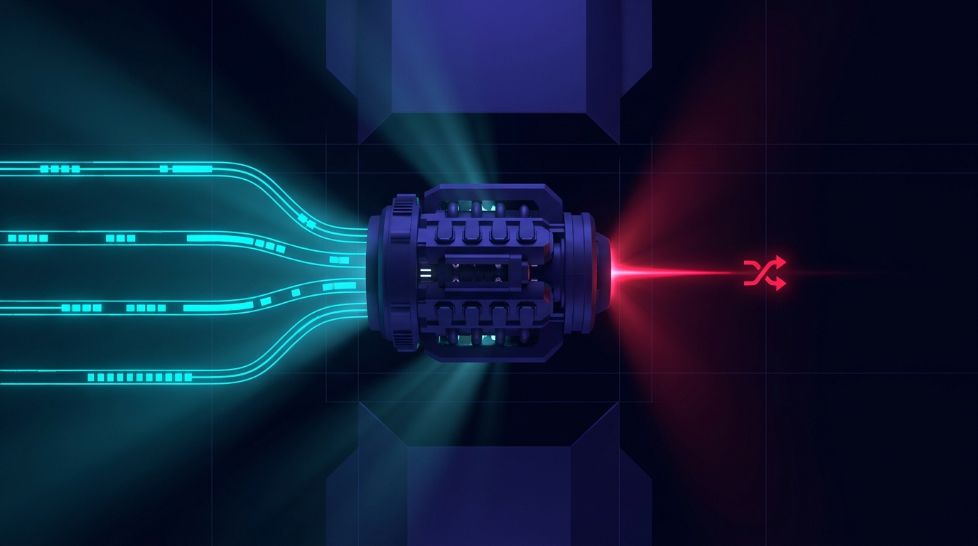 Abstract dark visualisation of a Performance Max signal machine on deep navy - four structured cyan data layers feeding from the left into a central indigo engine block, a single sharp folly-red conversion event emerging cleanly from the right, thin signal lines tracing the path from input to output with no noise between them.