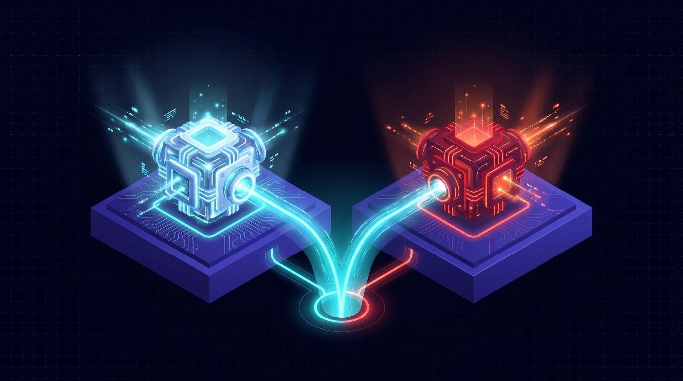 Two abstract AI engine blocks side by side on a deep navy background - a cool blue-white Performance Max engine on the left and a folly-red Advantage+ engine on the right, both feeding into a single shared cyan signal stream that converges toward a common conversion point at the base