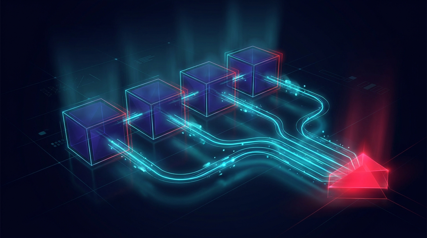 Four glowing geometric containers arranged in a structured row on a deep navy background - each holds a single distinct cyan intent signal, all four converging cleanly into one folly-red conversion point at the right edge, thin signal lines tracing the path with no noise between them, no text or labels