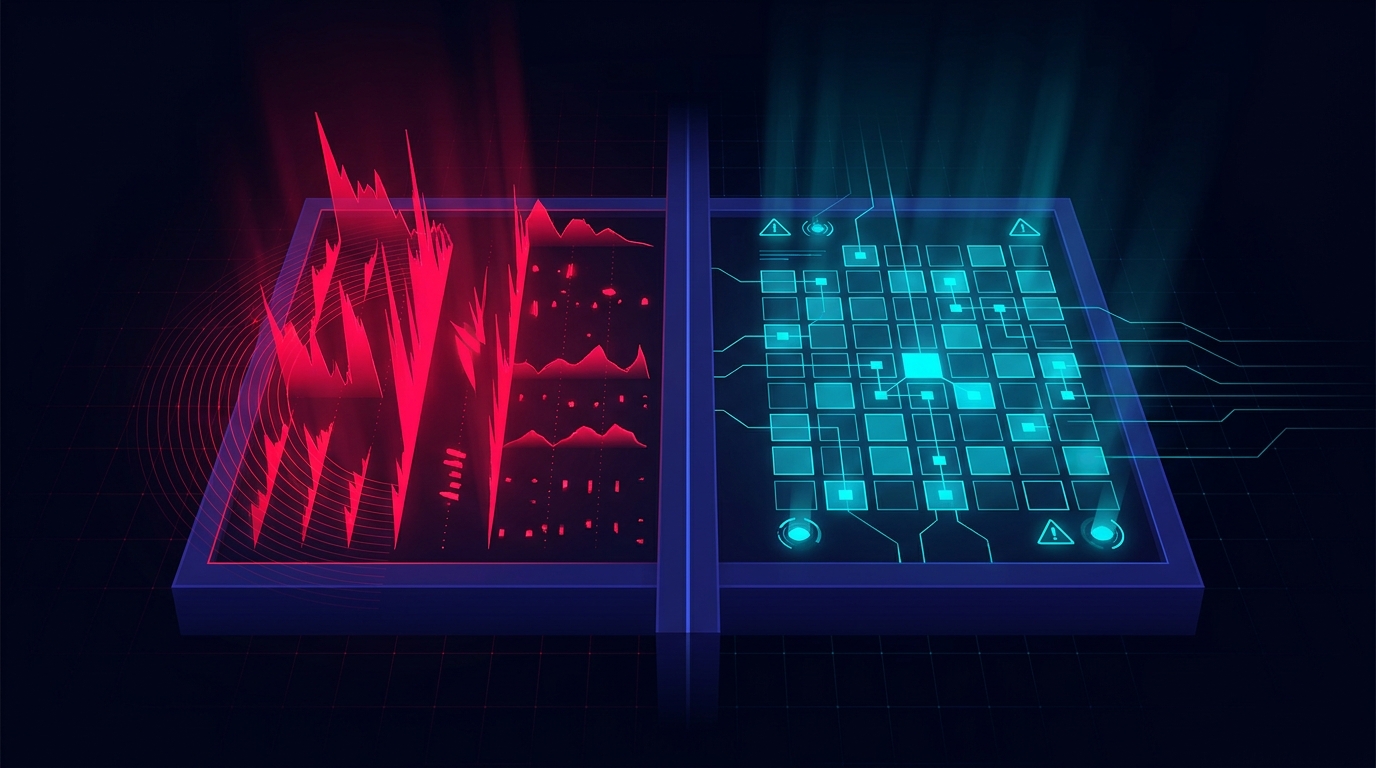 Split-screen in deep navy blue - left side shows red cost metric spikes cascading across an ad dashboard unchecked, right side shows a calm orderly grid of pre-set rules and cyan alert indicators holding steady, the two halves divided by a clean boundary line, no text or words anywhere