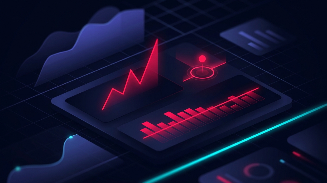 Three distinct glowing alert signals in folly red against a dark navy background - a CPM spike line rising sharply upward, a circular cost threshold breach marker, and a horizontal frequency bar crossing a bright threshold line - all illuminated in pure darkness with no text or labels anywhere