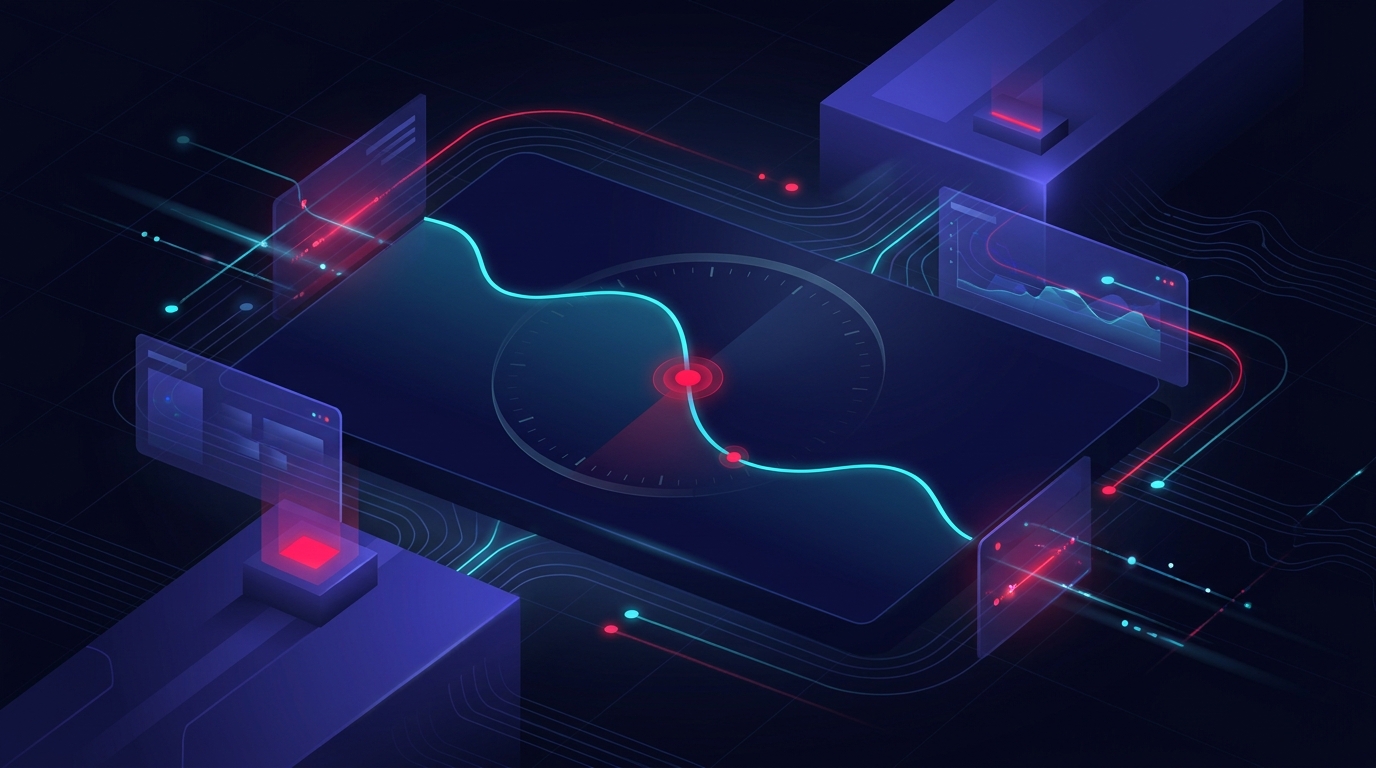 Abstract dark visualisation of an overnight ROAS dip - a smooth cyan revenue line on a deep navy field falling sharply in the small hours, a single red marker pulsing where the drop hits, a faint clock arc framing the moment.