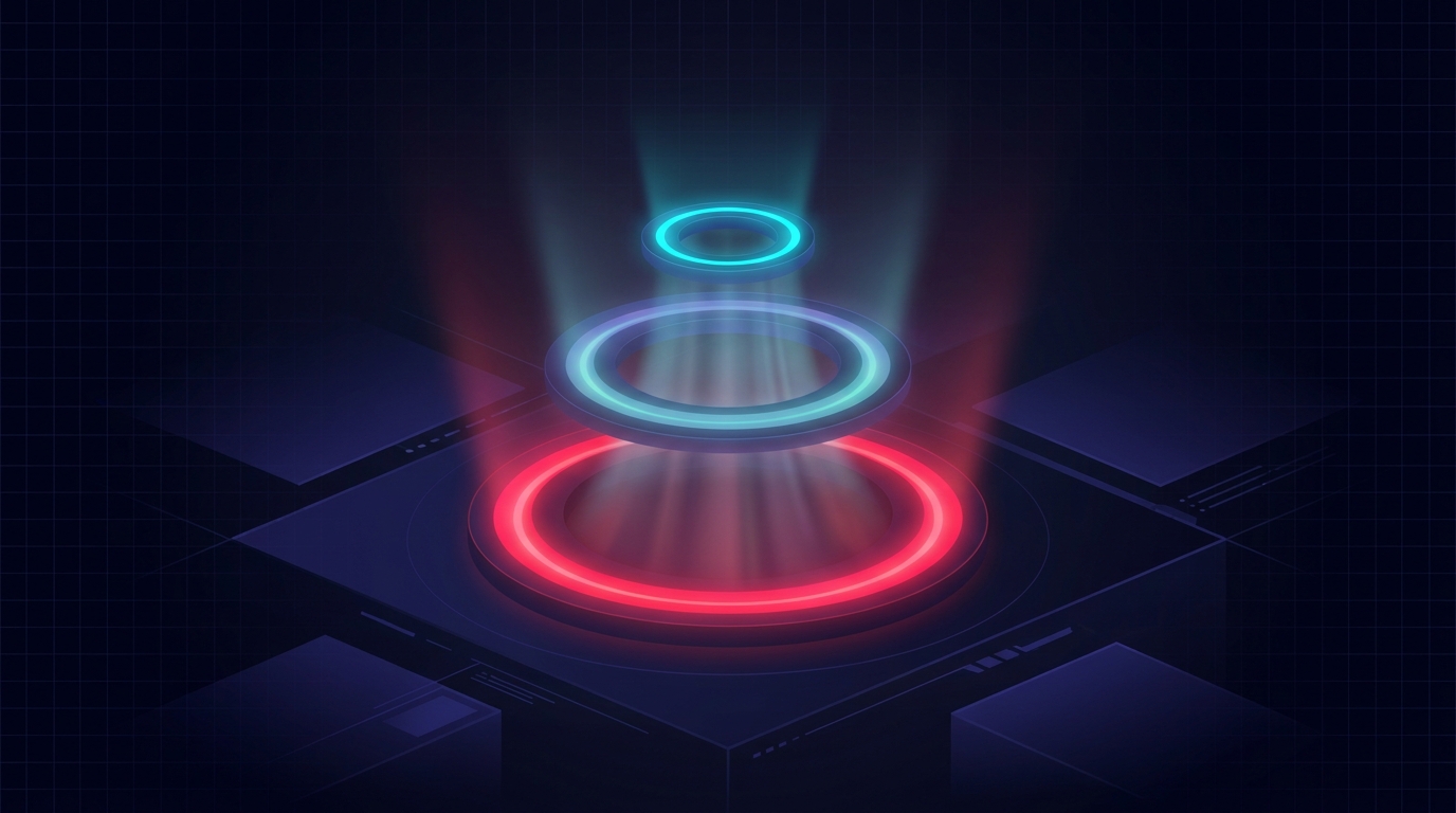 Abstract dark visualisation of a three-tier metric stack - three concentric glowing rings on a deep navy background, smallest cyan ring at top (CAC), a brighter middle ring (MER), and the widest red ring at the base (ROAS), with light flowing upward through them.
