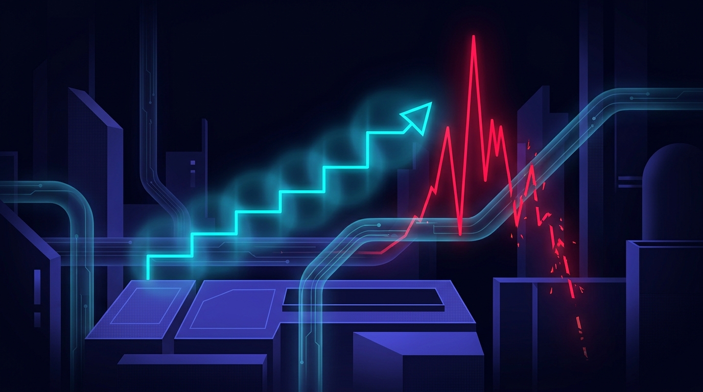 Abstract dark visualisation of a controlled ascent - a glowing cyan budget line stepping upward in measured increments on a deep navy background, with a faint red line showing a reckless vertical spike that snaps and falls.