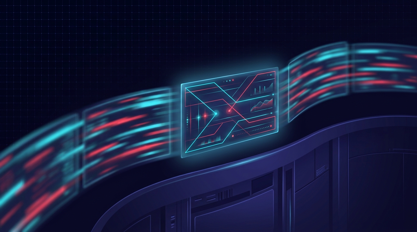 Abstract dark visualisation of a scrolling feed mid-motion, every frame a soft blur except one arresting cyan-and-red panel that snaps into sharp focus.