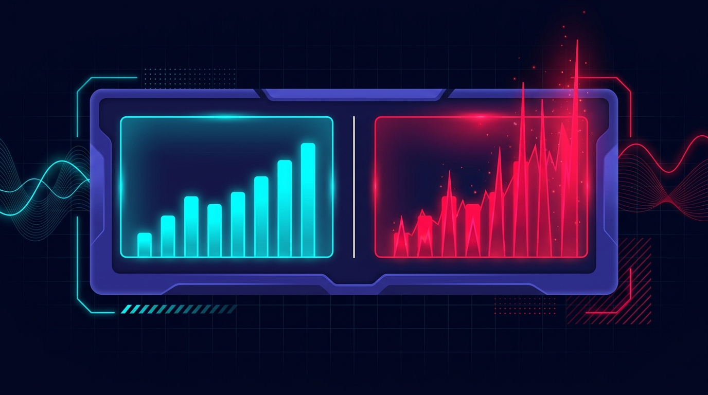 Dark navy performance dashboard showing two metric panels - the left panel has calm controlled cyan bars rising steadily within a clear threshold boundary, the right panel shows the same metrics spiking sharply into folly red above the threshold line in a jagged escalating pattern, a clean white threshold line separates the two states, no text or words anywhere