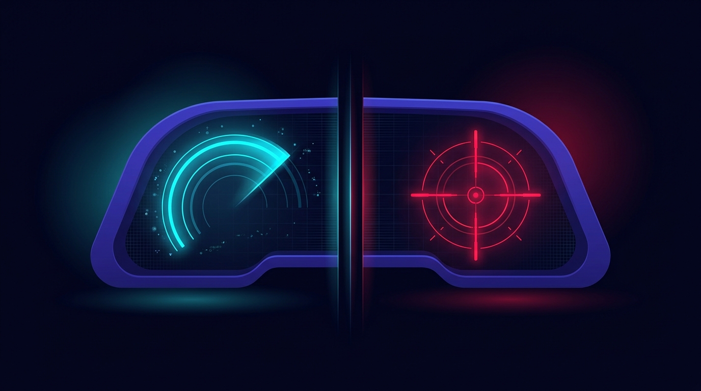 Two glowing instrument panels side by side on a dark navy surface - the left panel shows an unconstrained speedometer surging freely to maximum in cyan, the right panel shows a precision targeting crosshair locked to a fixed point in folly red, a sharp vertical threshold line divides them at the centre, no text or words