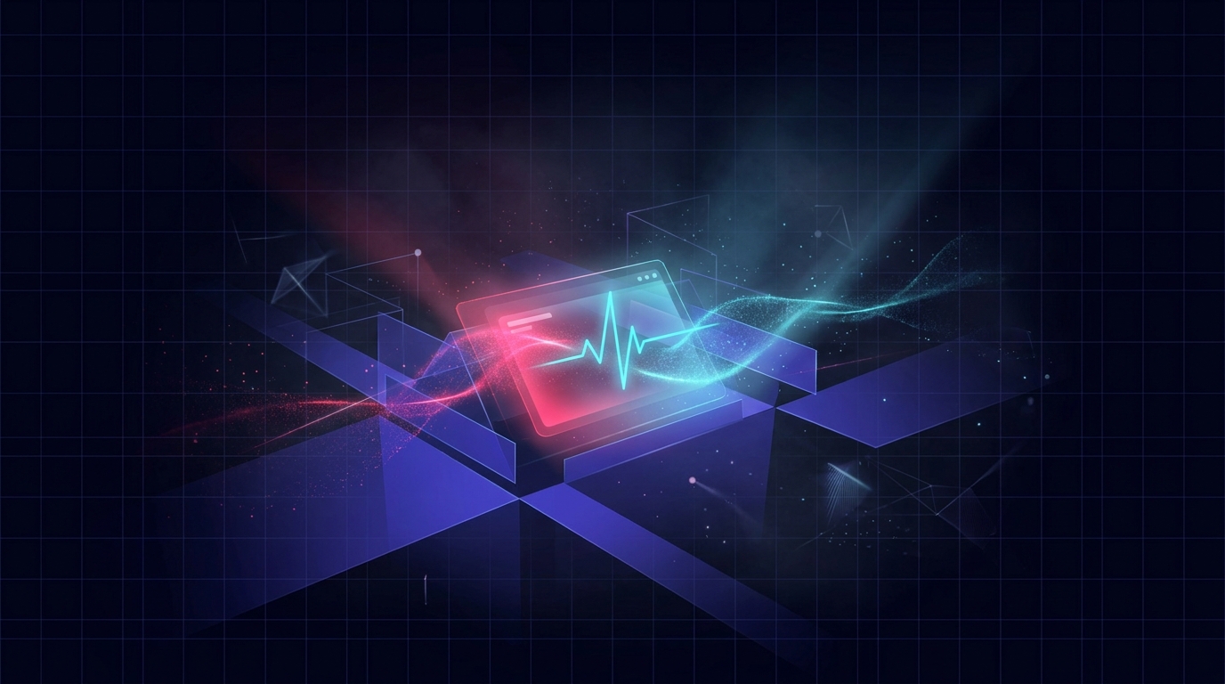 Abstract dark visualisation of an ad account dashboard glowing alone through the night, a single cyan pulse line watching while everything else sleeps.
