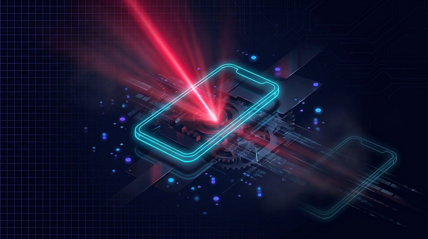 Abstract dark visualisation of a smartphone-shaped frame glowing cyan on a deep navy field, the frame holding a single radiating beam of folly-red light suggesting an insider perspective, a smaller faded duplicate phone-frame falling away into soft shadow.