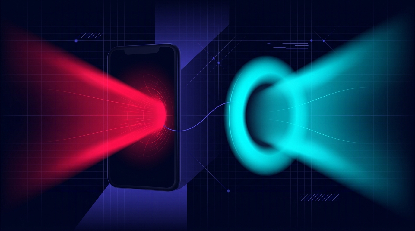 Abstract dark visualisation on a deep navy background of two paired silhouettes carved out of negative space - one a smartphone-shaped frame radiating a bright folly-red beam inward as if shooting a frame of paid creative, the other a softly glowing cyan halo expanding outward like a broadcast, connected only by a thin indigo thread between them to imply two different jobs rather than two versions of the same one.