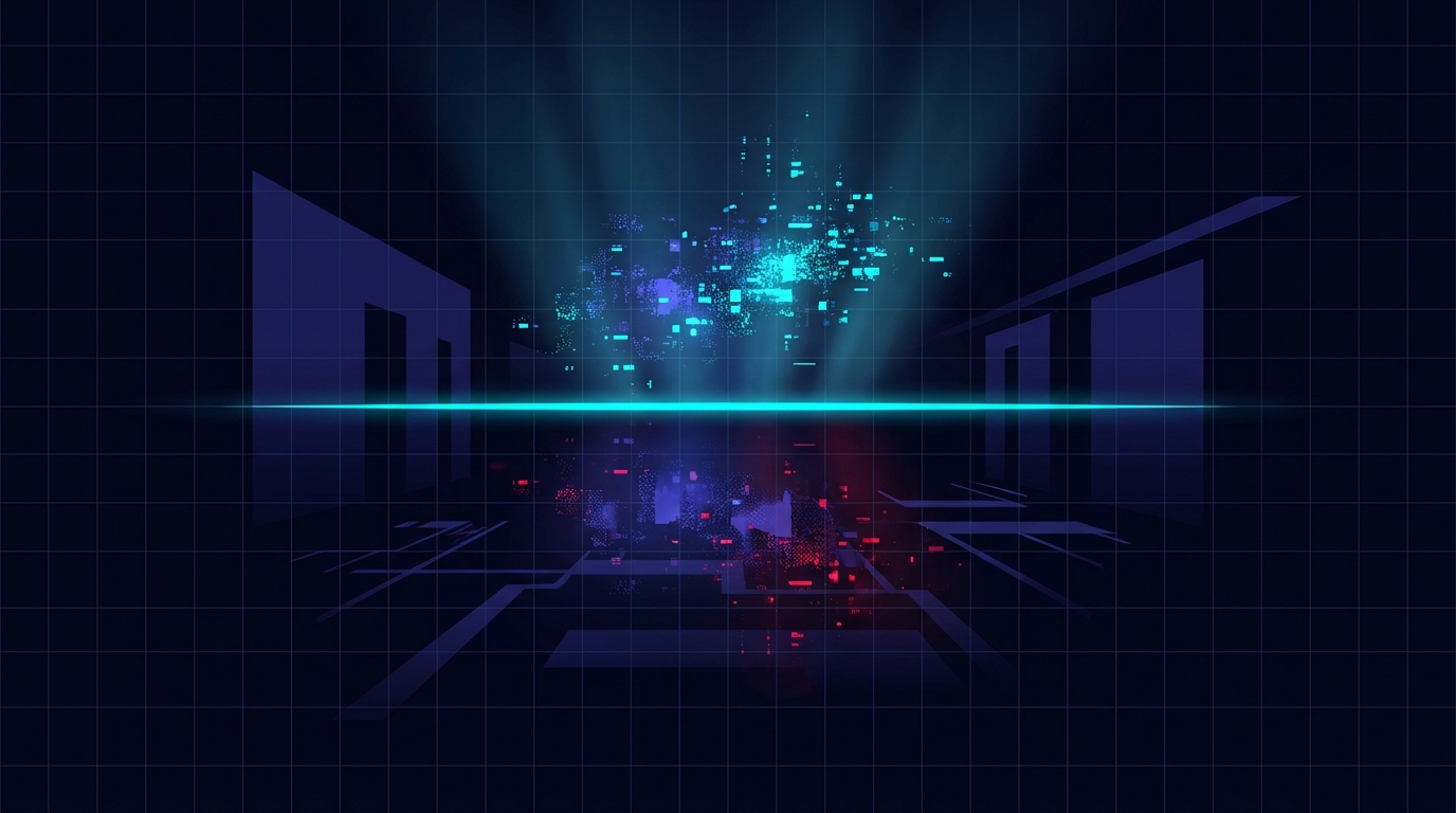 Abstract dark visualisation of break-even ROAS - a single bright cyan threshold line on a deep navy field, a dim red value sitting just below it and a bright value rising above, the line being the only number that matters.