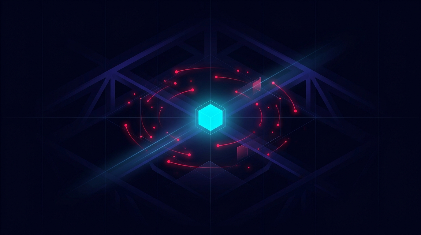 Abstract dark visualisation of an ad account control deck at night, a single calm cyan node holding the centre while a constellation of folly-red data points orbits it - the operating layer that never sleeps.