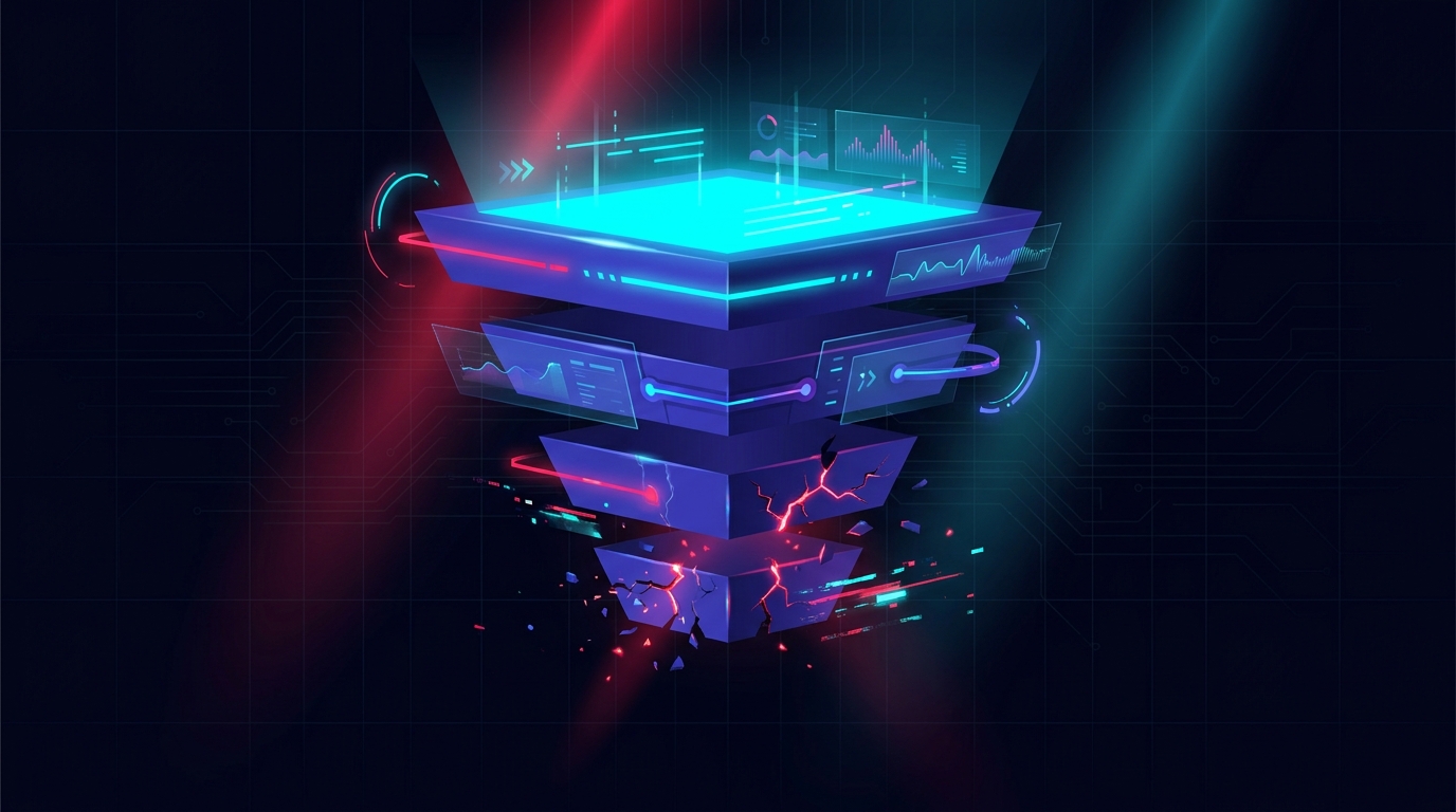 Abstract dark visualisation of a diagnostic funnel - four glowing horizontal layers descending on a deep navy background, the top layer bright cyan and intact, a lower layer cracked and flickering red where the conversion break sits.