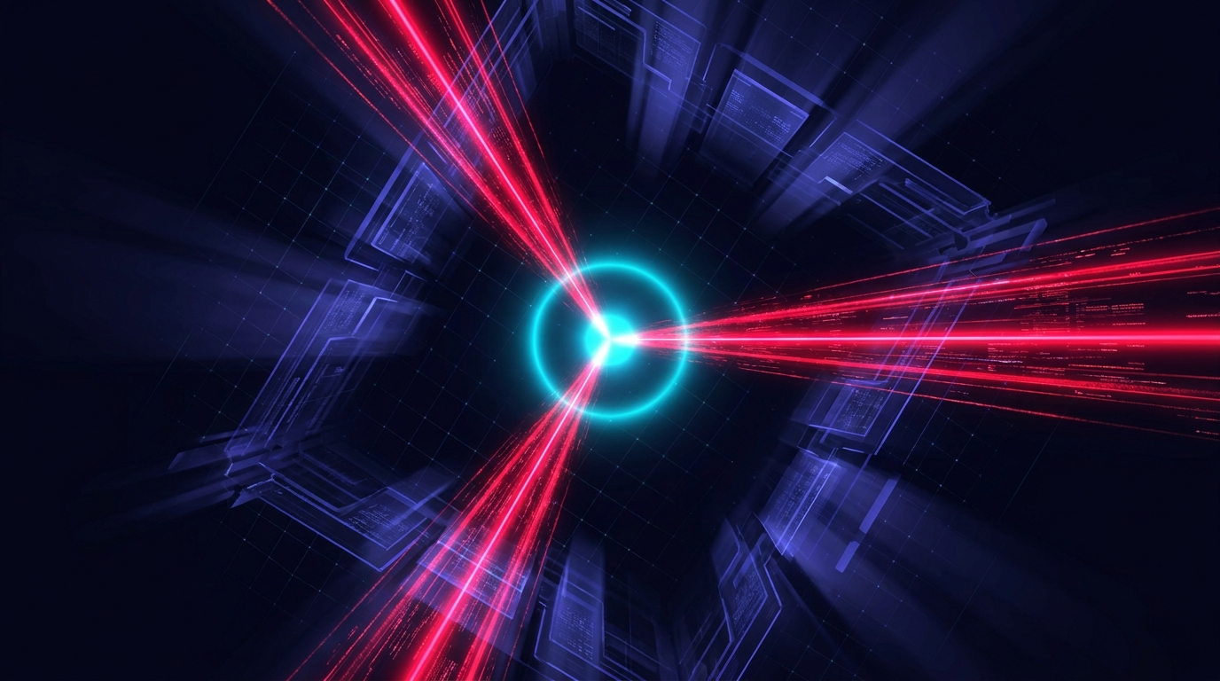 Abstract dark visualisation of attribution double-counting - three glowing red channel beams on a deep navy background all pointing at a single bright cyan node, each claiming the same point of light.