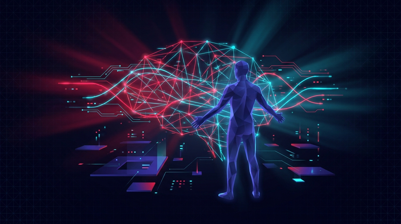 Abstract dark visualisation of a human silhouette and a glowing red-and-cyan neural lattice working in tandem, neither dominating the frame.